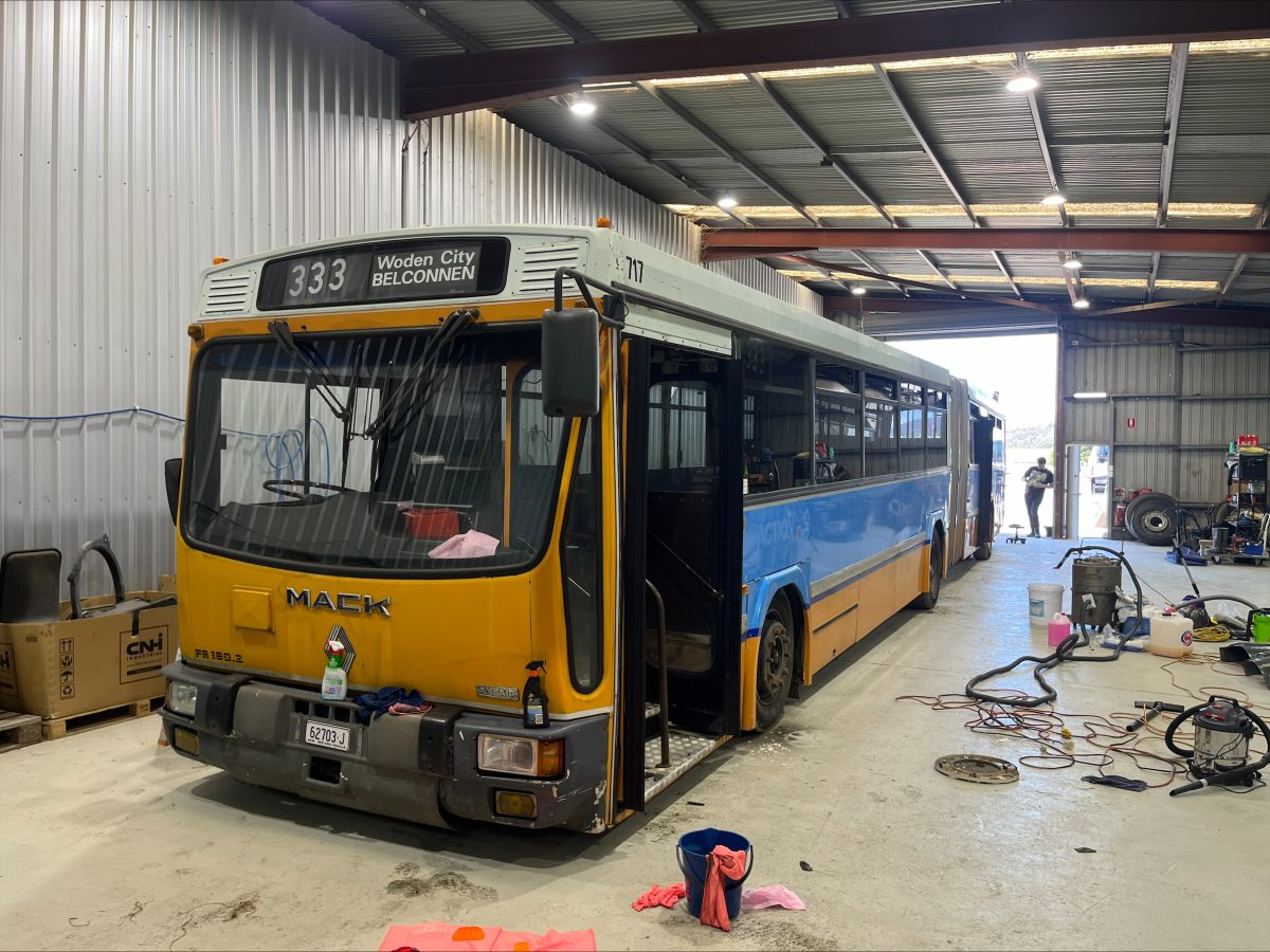 The Canberra Transport Museum's old bendy bus getting a detail ahead of the farewell tour. 