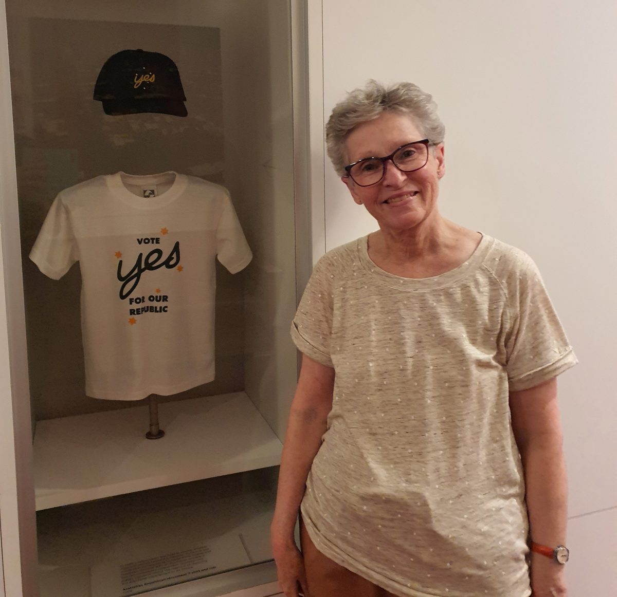 Women for an Australian Republic National Convenor Sarah Brasch standing beside a 99' referendum 'yes' shirt at the Museum of Australian Democracy on 4 November 2024.