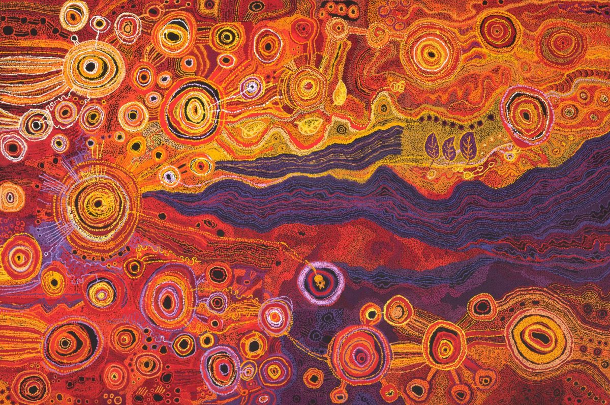 An abstract work of Indigenous Art, featuring a yellow and purple colour pallette