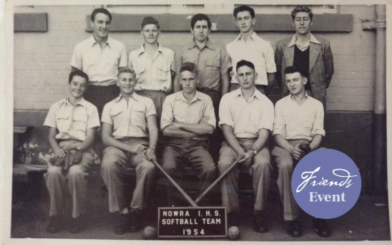 A sepia group photograph of Frank Moorhouse in the middle front and members of the Nowra I. H. S. softball team in 1954.