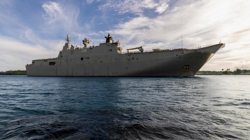 The <em>HMAS Canberra III</em> measures 230 metres long and has a top speed of 20 knots (about 37 km/h).