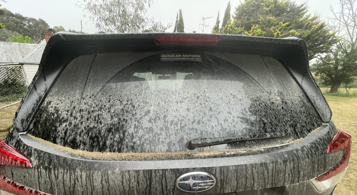 Back window of rain-splattered car