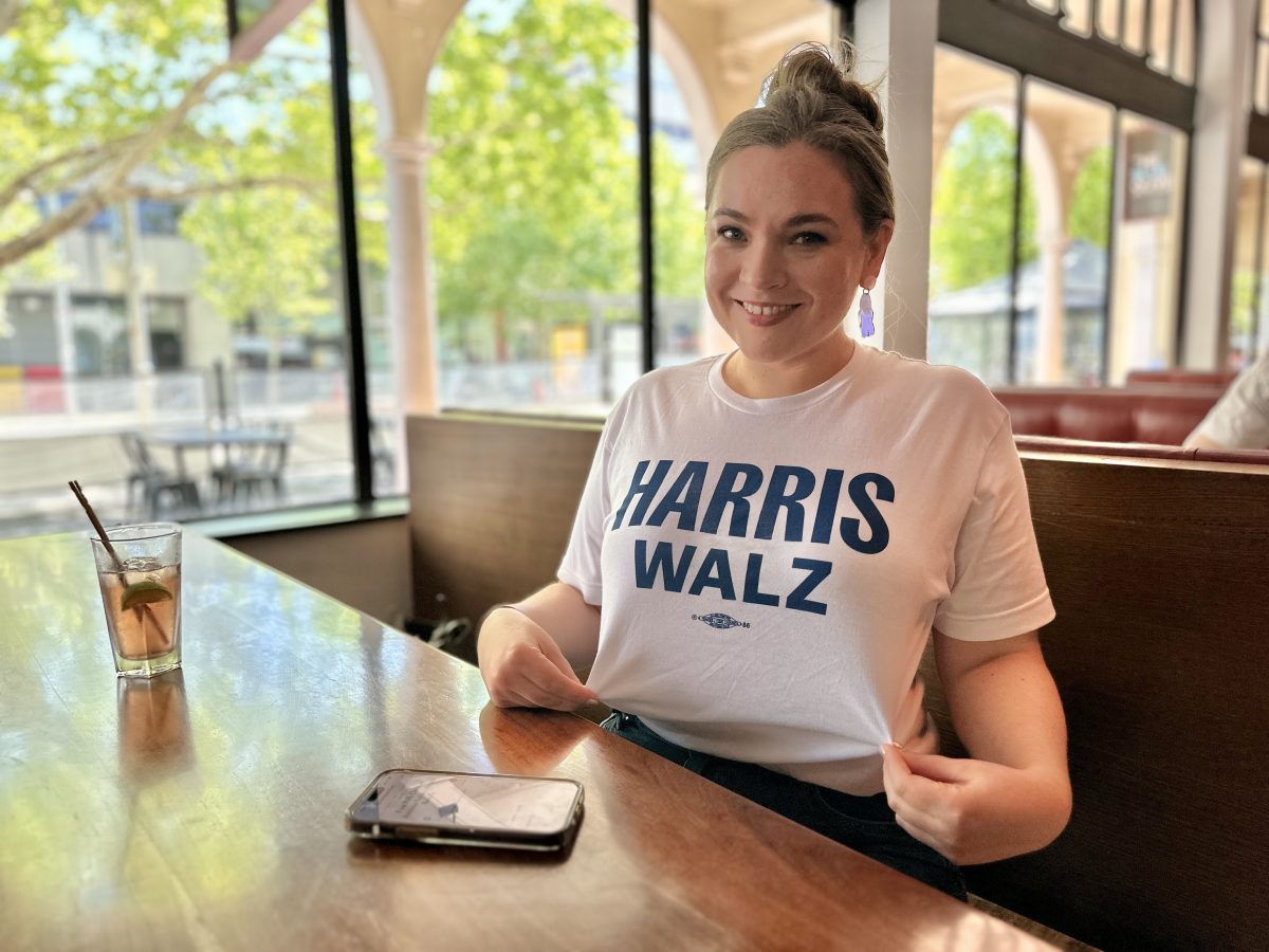 woman wearing Harris-Walz T-shirt