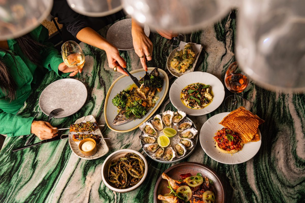 A table spread with many dishes.