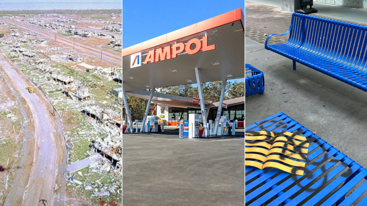 cyclone damage, petrol station pitstop, blue chairs