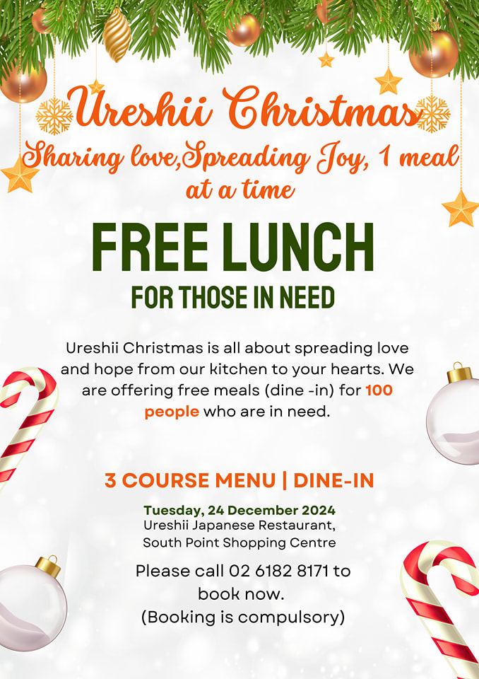 Poster reading "Ureshii Christmas sharing love, spreading joy 1 meal at a time. FREE LUNCH for those in need" and further details about the lunch.