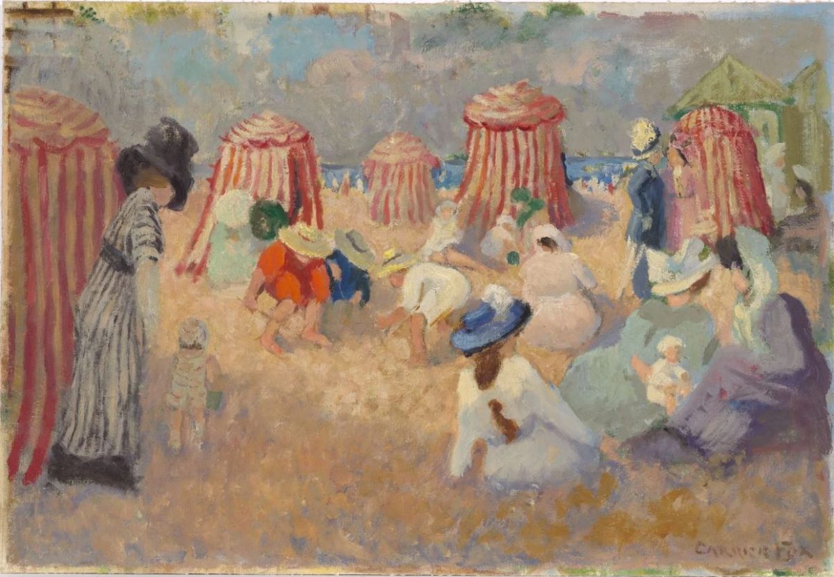 A painting by ethel carrick of sunbathers at the beach