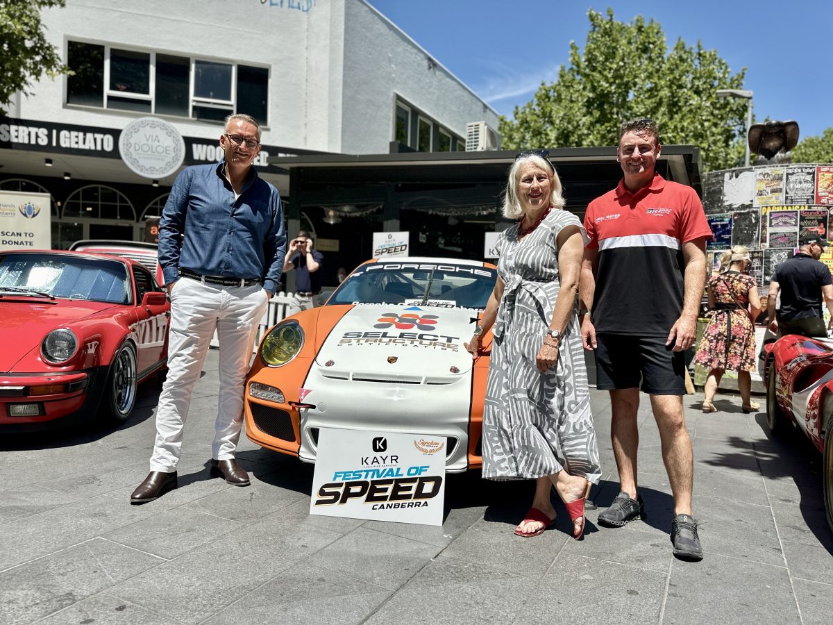 Canberra Racing Club CEO Darren Pearce, Hands Across Canberra CEO Genevieve Jacobs and rally driver Harry Bates. 