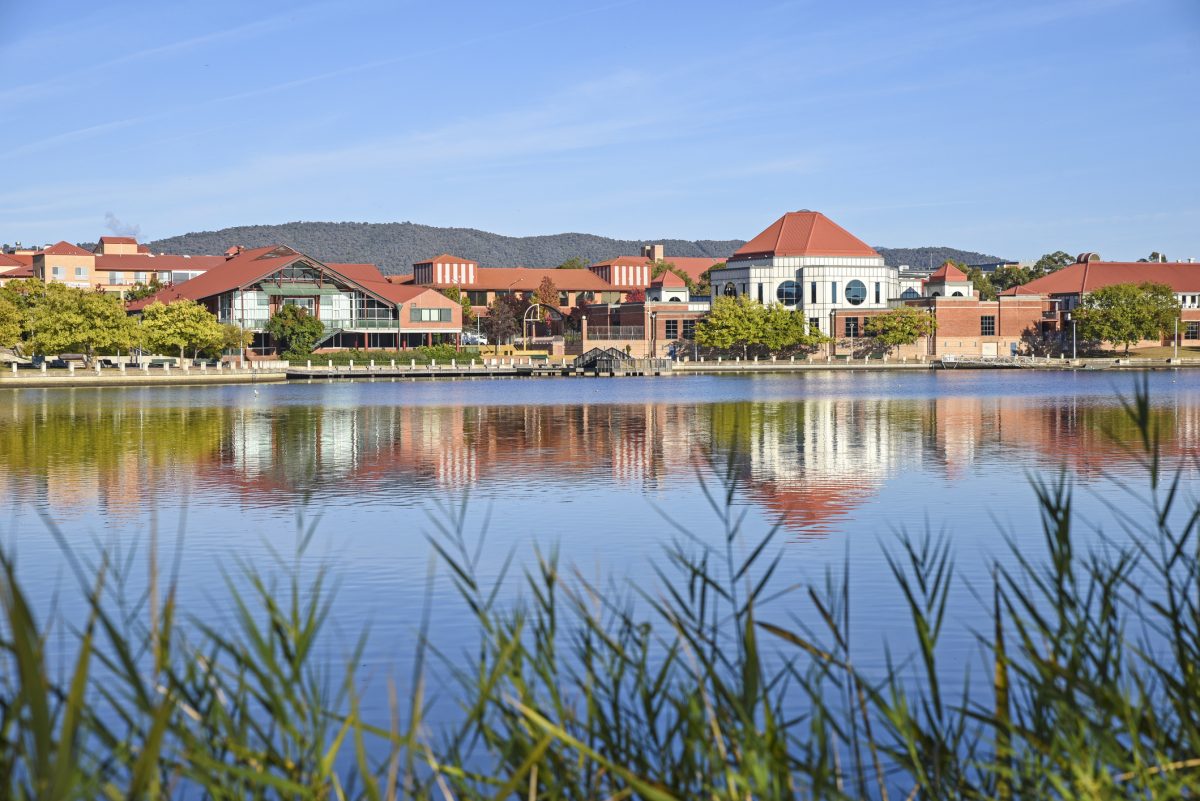 Canberra, Australia, 20 April 2016. Early morning view of Tuggeranong city from the other side of the lake.