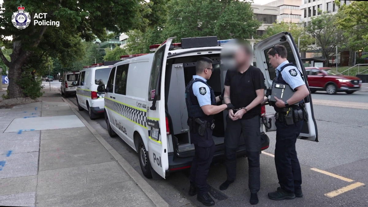 A man with a blurred face being escorted from a police van by two officers