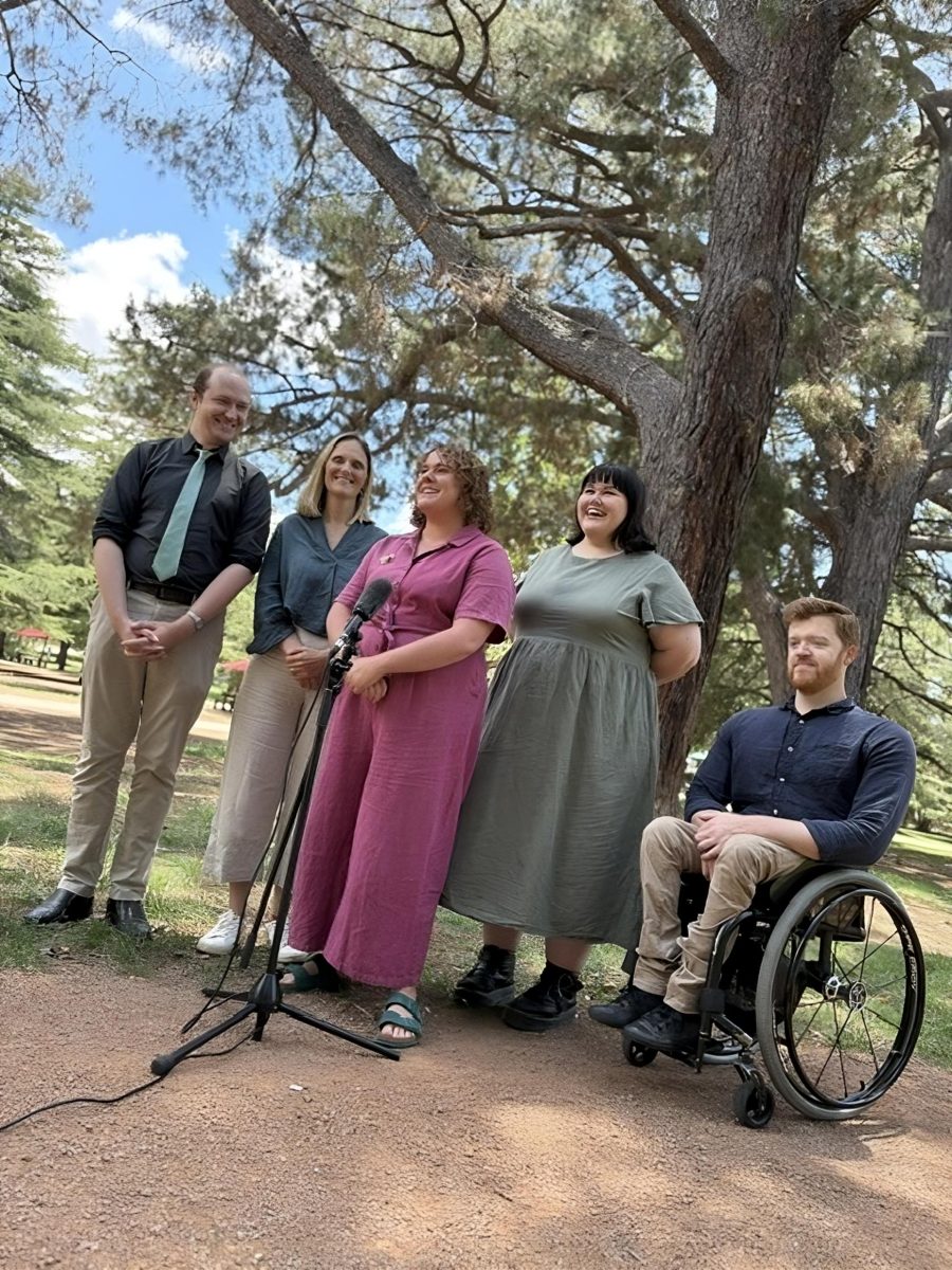 five people giving a press conference in a park