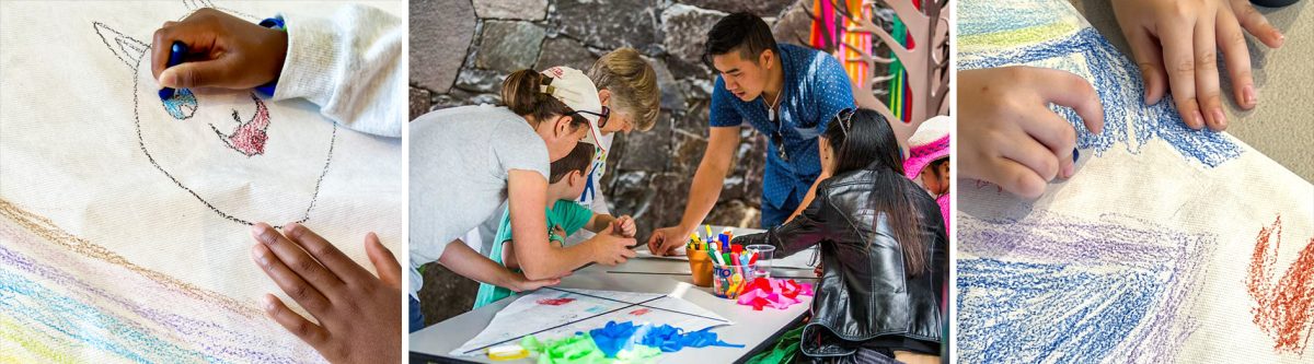 A banner of people making kites 