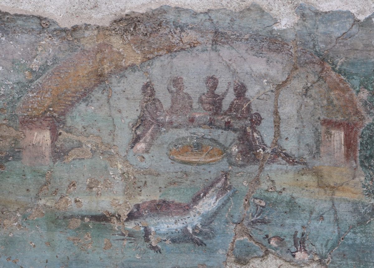 A Nilotic fresco from the House of the Ephebe in the ruins of Pompeii, showing banqueters. 