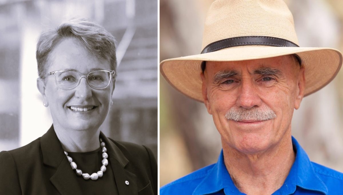 combined image of a smiling woman and a man wearing a hat