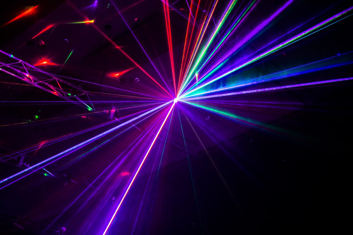 Lasers beam across a ceiling in Constellations by audio visual artist Robin Fox