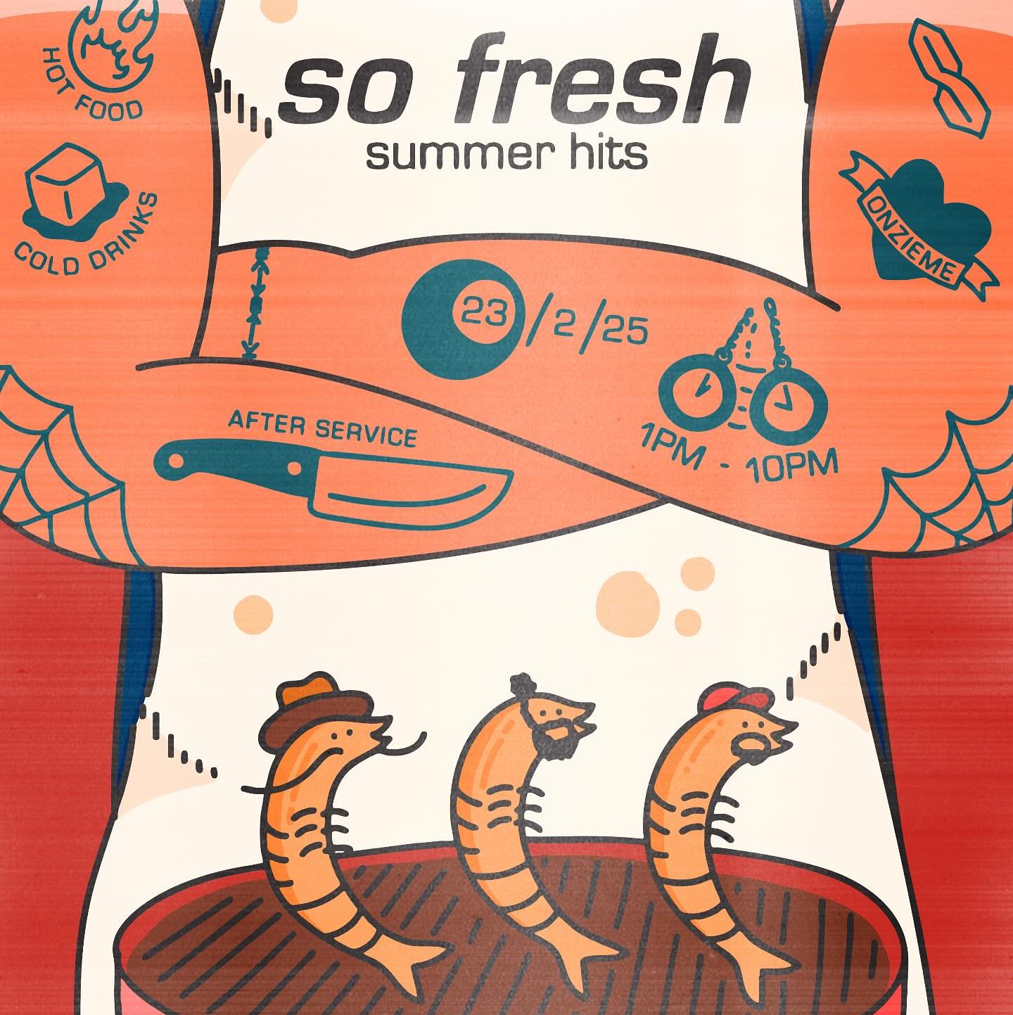 A cartoon poster depicting a person crossing their bare, tattooed arms over an apron reading 'So Fresh Summer Hits'. A barbecue features three cartoon prawns, and the tattoos offer the details of the event.