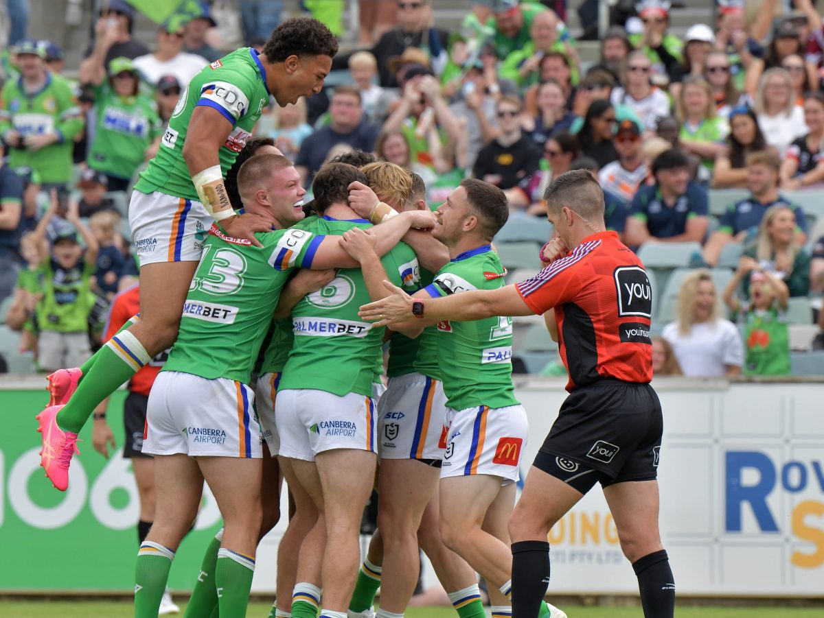 Raiders celebrate a try in season 24. Photo: Jaye Grieshaber.