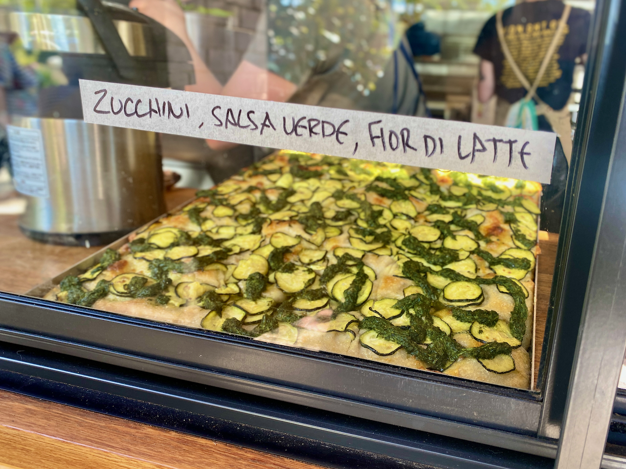 Focaccia in a window.