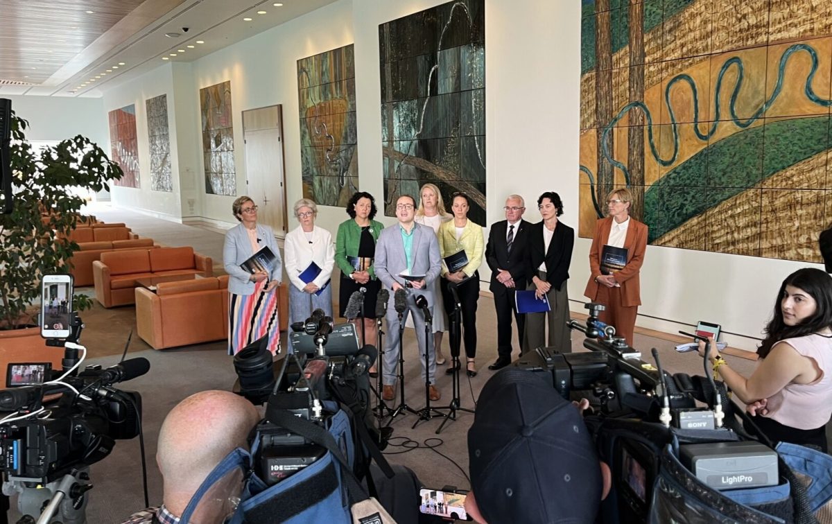 A number of crossbenchers with the Australia Institute’s director of democracy &amp; accountability Bill Browne 