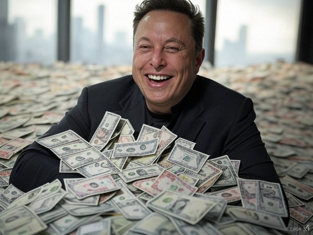 Elon Musk in a pile of money