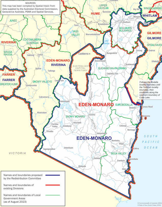 Proposed redistribution of Eden-Monaro Electoral Division.