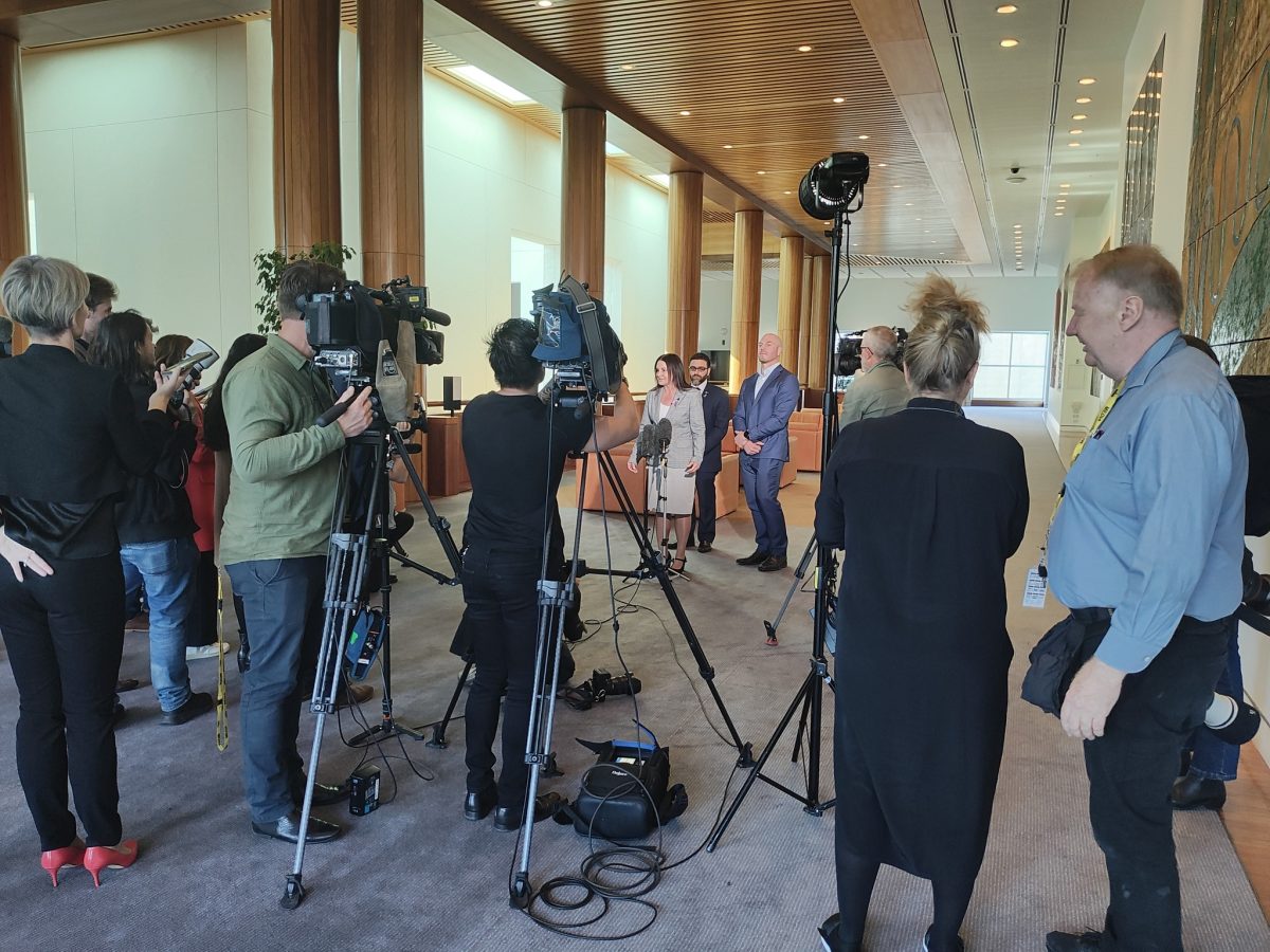 Senators David Pocock, Jaqui Lambie and AFPA President Alex Caruana at a press conference in Parliament House.