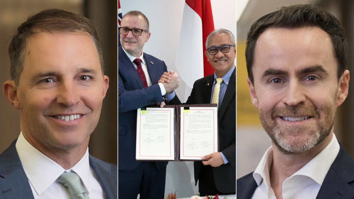 Three images compiled together: a smiling suited man; two men shaking hands after signing an agreement; and another smiling man 