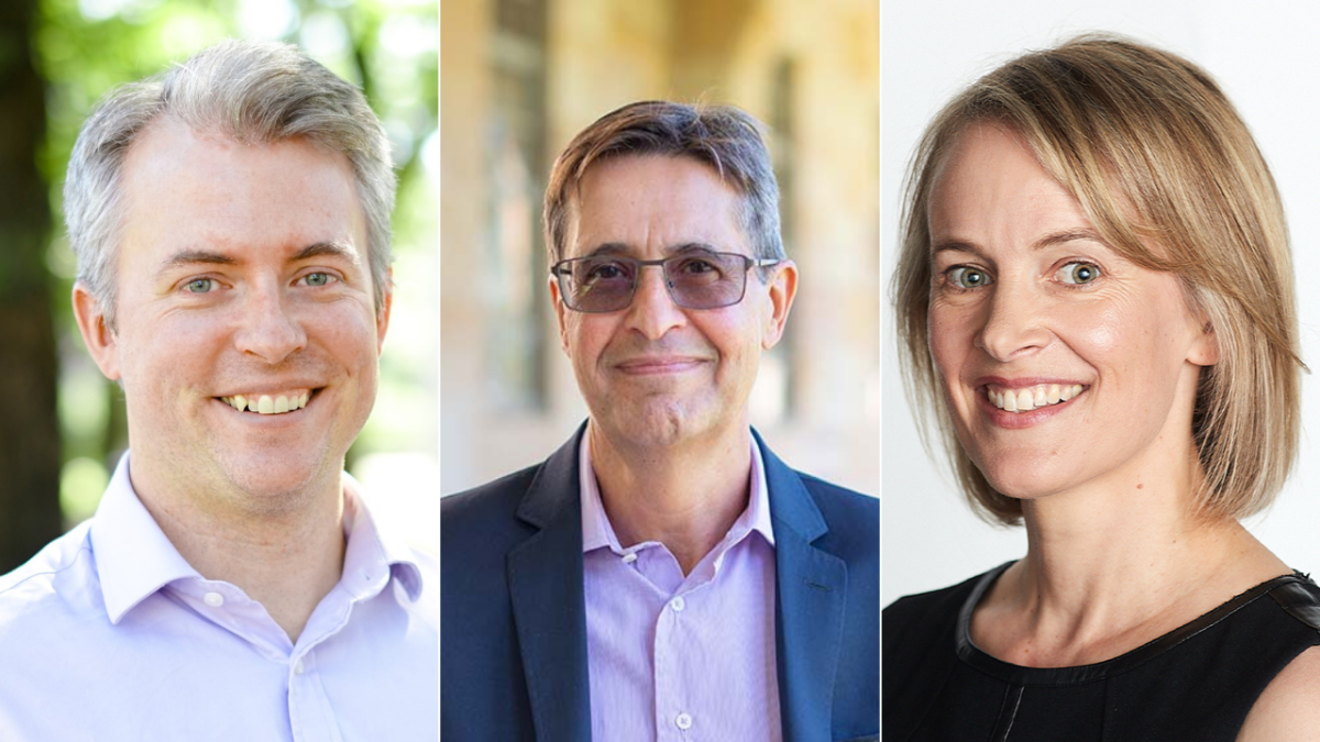 headshots of two men and a woman