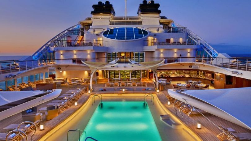 The pool deck of the Seabourne Encore. Photo: Escape.com.au