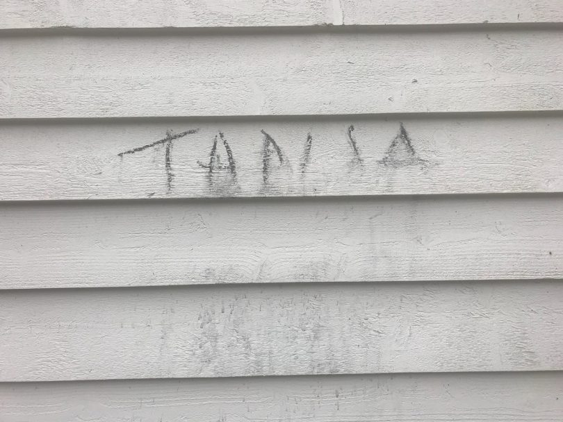 One of the houses saved by the Tanja RFS, leaving their mark in more ways then one. Photo: Hamish Payne.