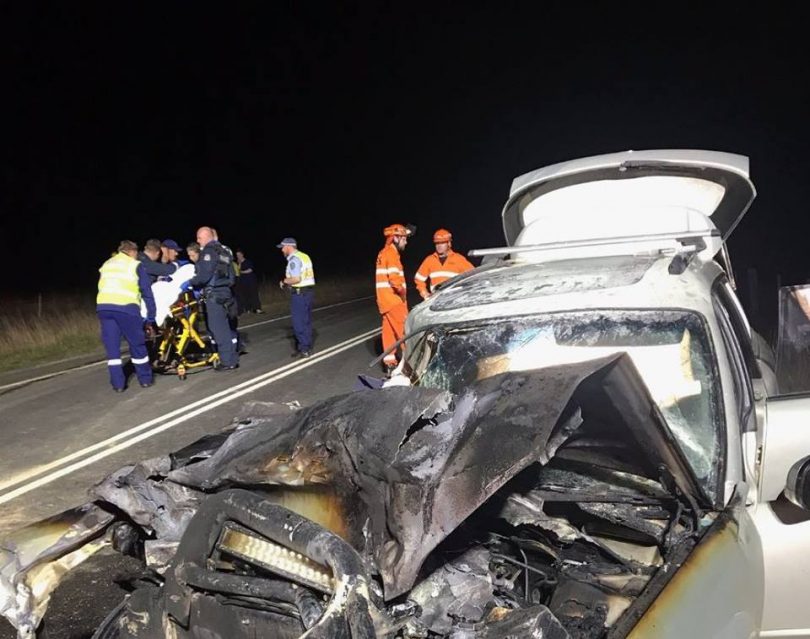 A silver Subaru Outback collided with a Freight Liner Prime Mover on Tuesday night on Barry Way, southeast of Jindbyne. Photo: Monaro Police District Facebook.