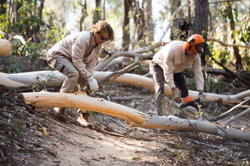 Stacey George and Andy Johnson clearing track of debris, a constant job. Photo: Damien Breach