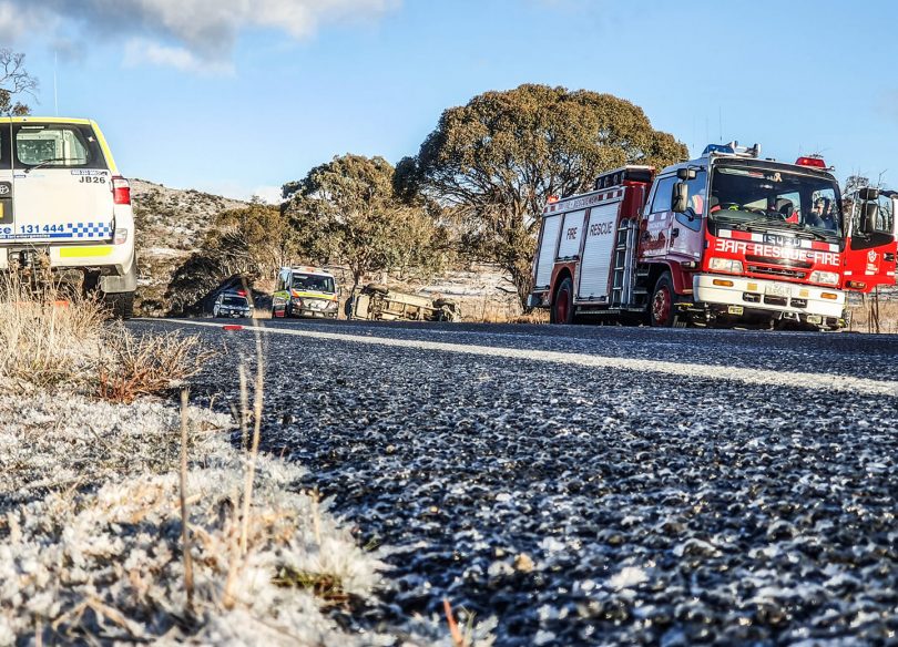 Fire and Rescue NSW attend a road accident caused by icy roads over the weekend near Jindabyne. Photo: Fire and Rescue NSW. 