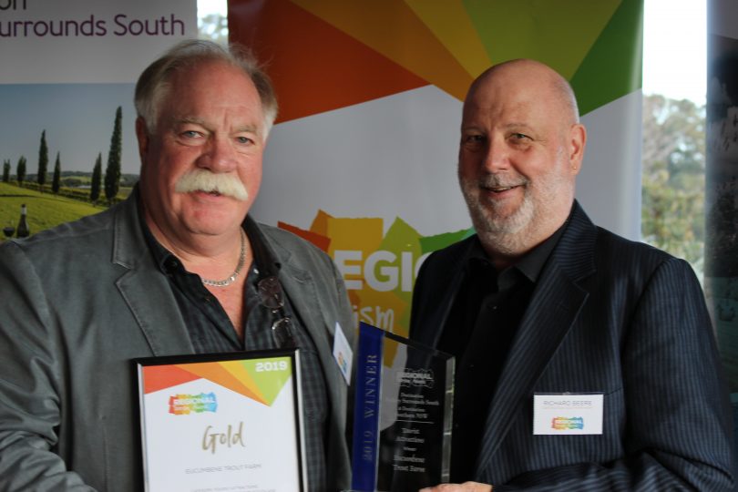 Peter Cottrell from Eucumbene Trout Farm with Peter Beer, Chair of Destination Southern NSW. Photo: Ian Campbell.