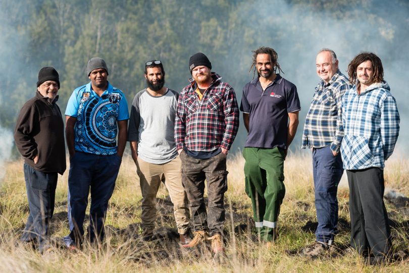 South Coast Aboriginal Elders association cultural burning crew at Meringo. From left: Les Simon, Andrew Stewart, James Thomas, Andy White, Dan Morgan, Noel Webster, Aldo Webster.