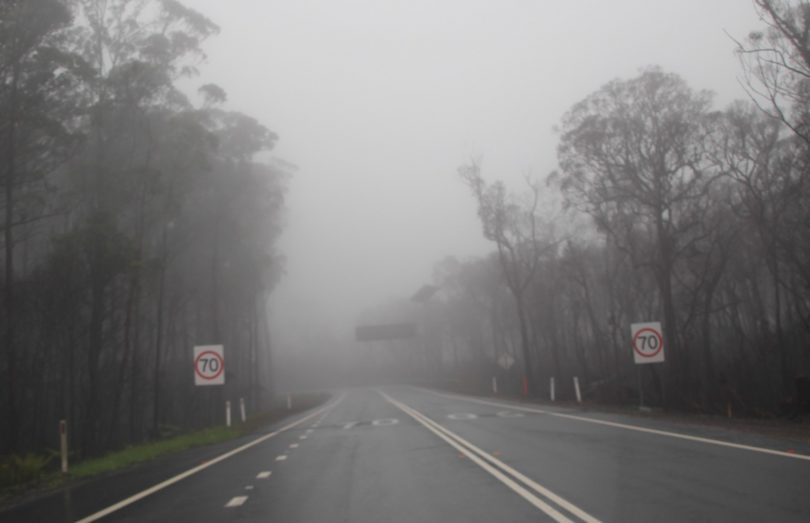 Kings Highway in fog at Clyde Mountain.