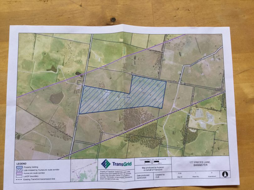 Map of Charley Barber's property at Bannister showing preliminary transmission line corridor.