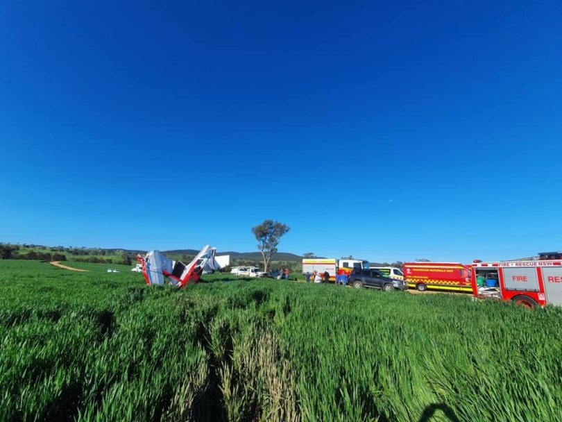 Wreckage of the light plane crash in a Cootamundra paddock.