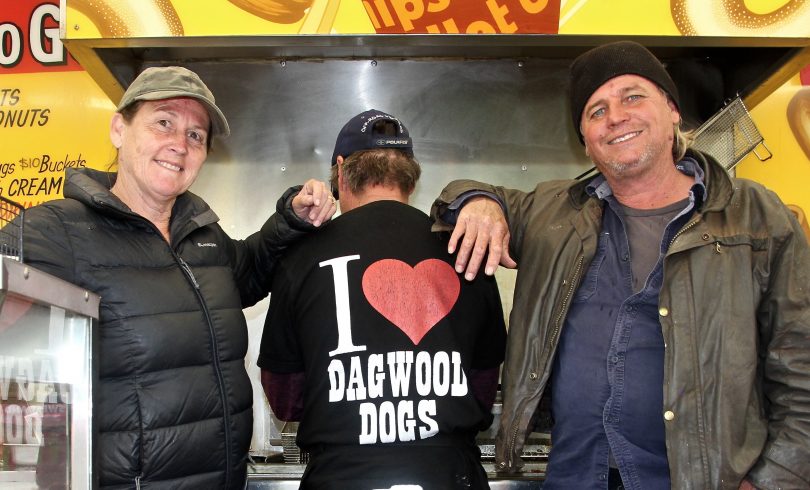 Selina and Elwin Bell, with Sean wearing dagwood dogs T-shirt at Queanbeyan Showground.