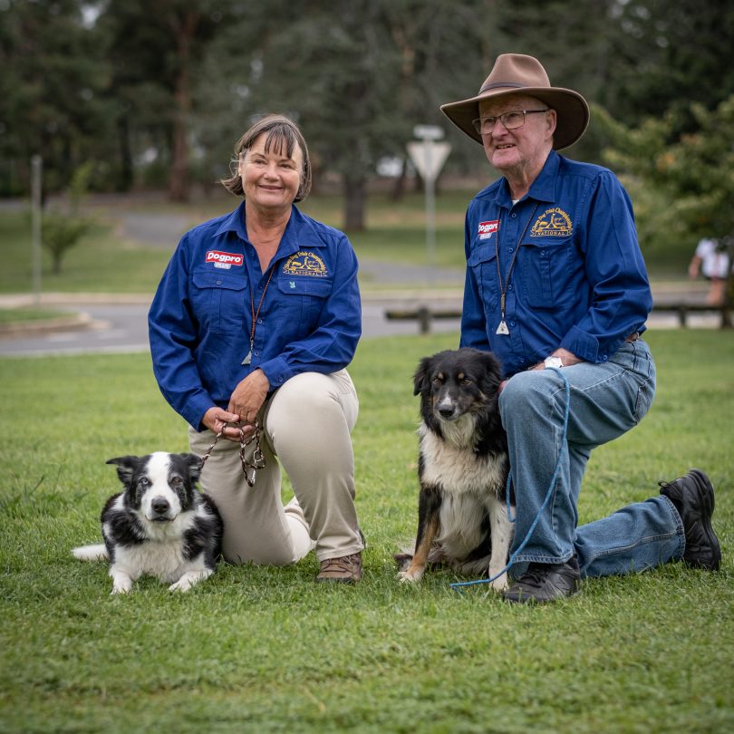 Sarah Sydrych and Charlie Cover with two sheepdogs.