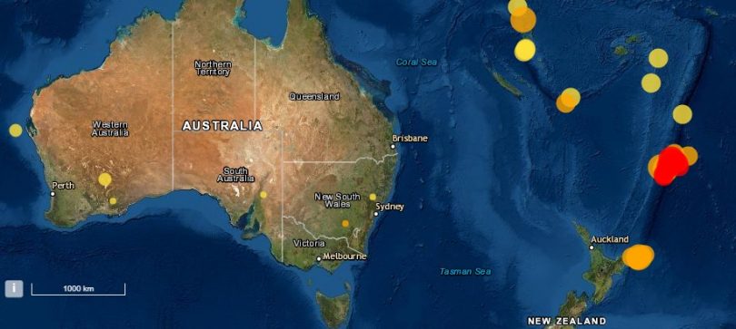 Map showing earthquake activity in Oceania region.