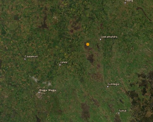 Map showing epicentre of earthquake near Cootamundra.