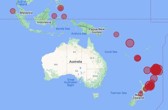 Map showing earthquake activity in the region around Australia and the Pacific.