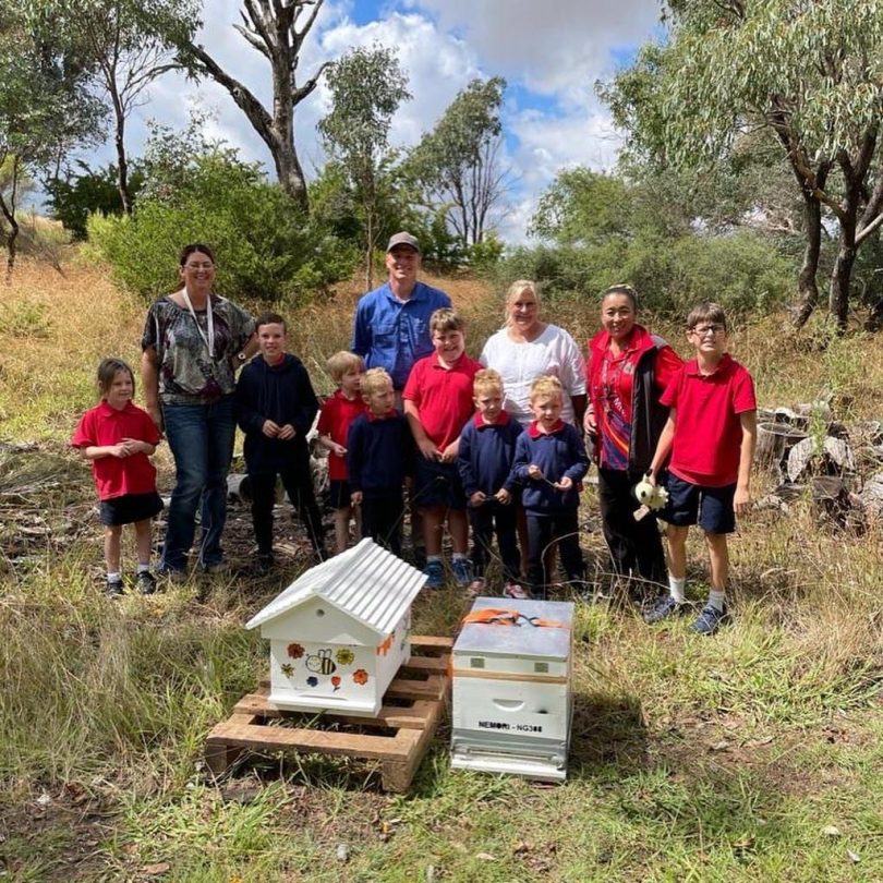 Binda Public School students with beekeeper, principal and hive