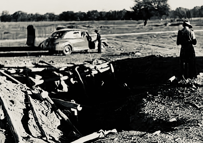 Black and white picture of an exploded dugout