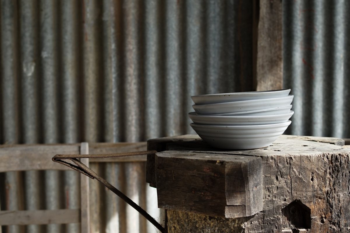 Plates on a bench