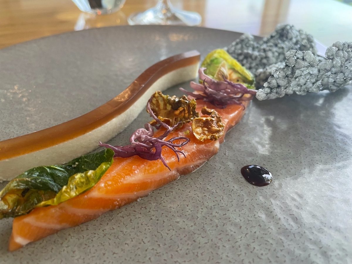 Ocean trout, funari, brussels sprouts, wine drops, the coast in miniature at The Sandbar. Photo: Lisa Herbert