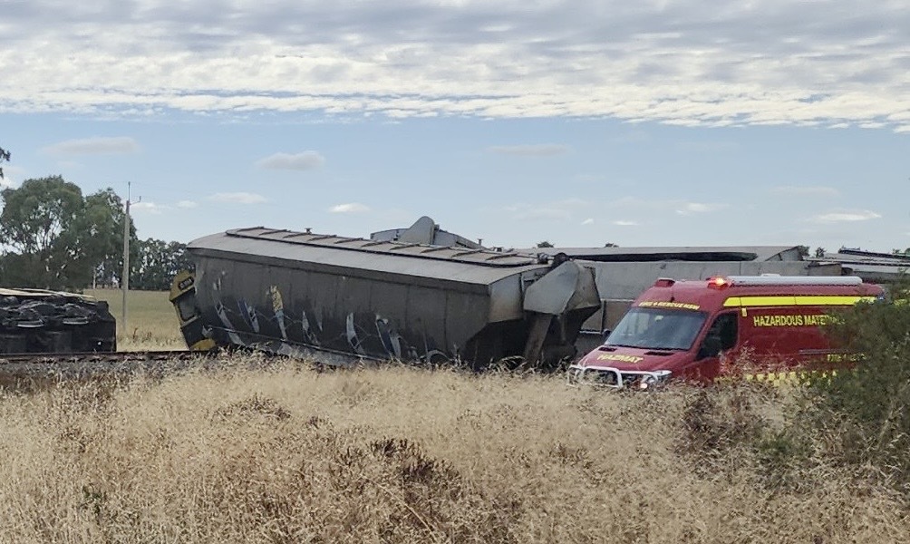 derailed train next to ambulance