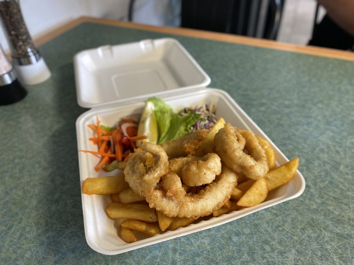 Takeaway box of fish and chips