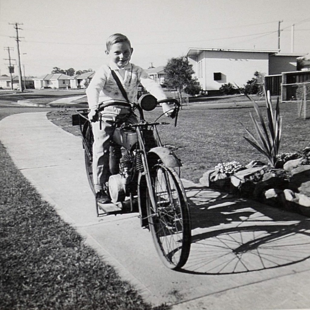 Peter Seymour on his dad Merv’s Waratah motorcycle about 1969. Its tyres and other parts were missing. 